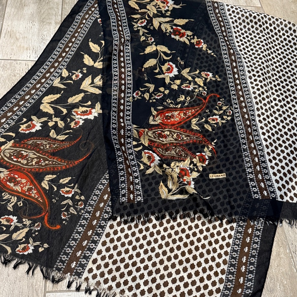 Leonard Paris Floral Patterned Scarf with Fringe